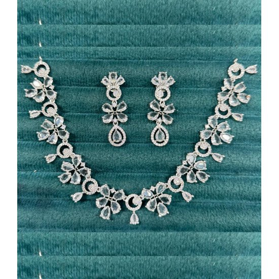 American Diamond Necklace Set with Floral CZ Petals – Bridal & Party Wear