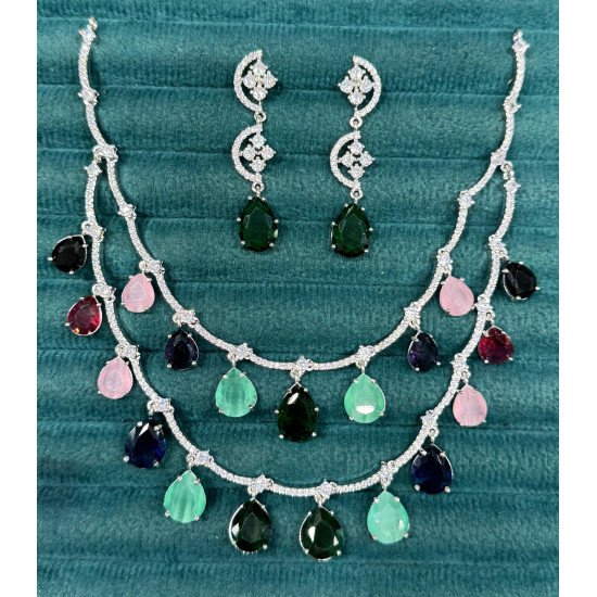 Multicolor Teardrop Necklace Set with Diamond Look Finish – Festive Collection