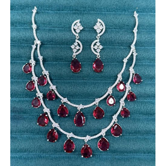 Triple Layer Red Gem Necklace Set with Dangling Earrings