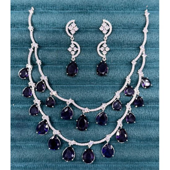Cubic Zirconia Bridal Jewelry Set with Blue Pear Drop Stones & Matching Earrings
