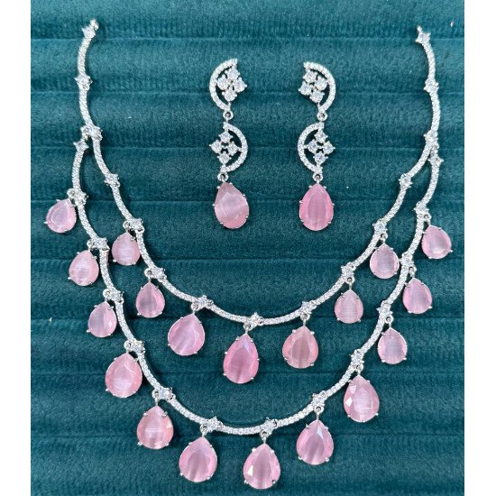 Cubic Zirconia Bridal Jewelry Set with Pink Pear Drop Stones & Matching Earrings