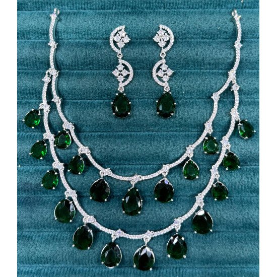Double Layer Black Gem Necklace Set with Dangling Earrings