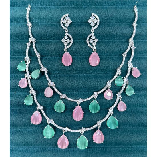 Two-Layer CZ Necklace Set with Teardrop Color Stones – Green, Pink, 