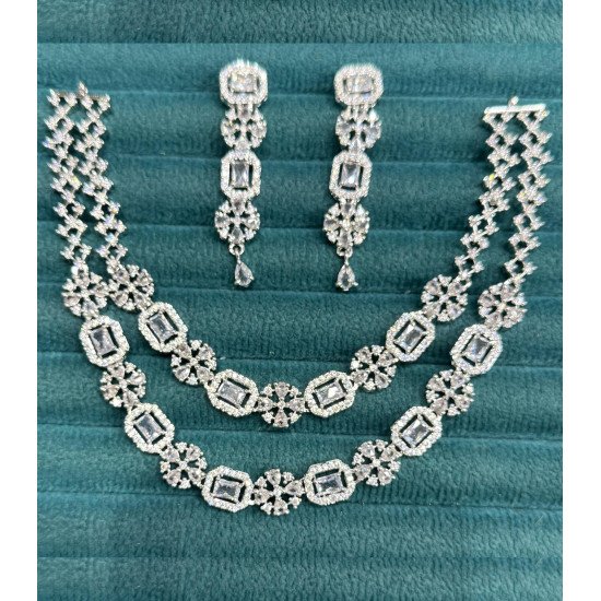 Square Cut Dual Layer CZ Necklace Set with Floral Motif – Bridal Elegance