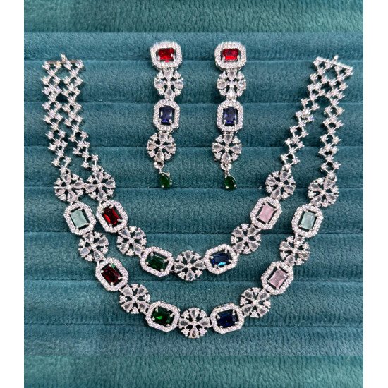 Dual-Layer CZ Necklace Set with Teardrop Color Stones – Green, Pink, Blue, Red