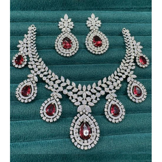 Majestic Red Stone Bridal Set – Leafy CZ Necklace with Statement Earrings
