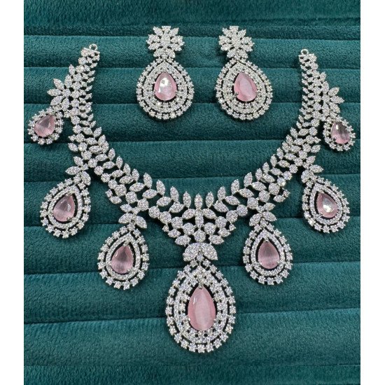 Pink Stone CZ Necklace Set for Bride – Heavy Diamond Look Design with Earrings