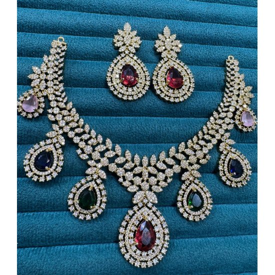 Multicolor Teardrop Necklace Set with Diamond Look Finish – Festive Collection