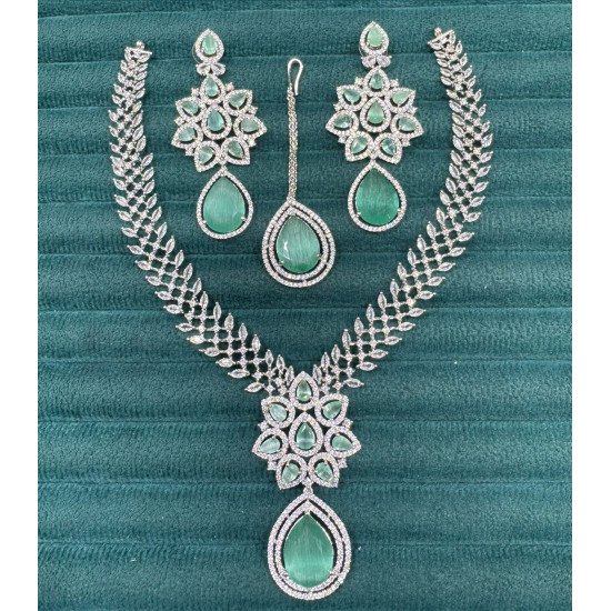 Elegant Teardrop CZ Necklace Set with Leaf Chain and Matching Tikka