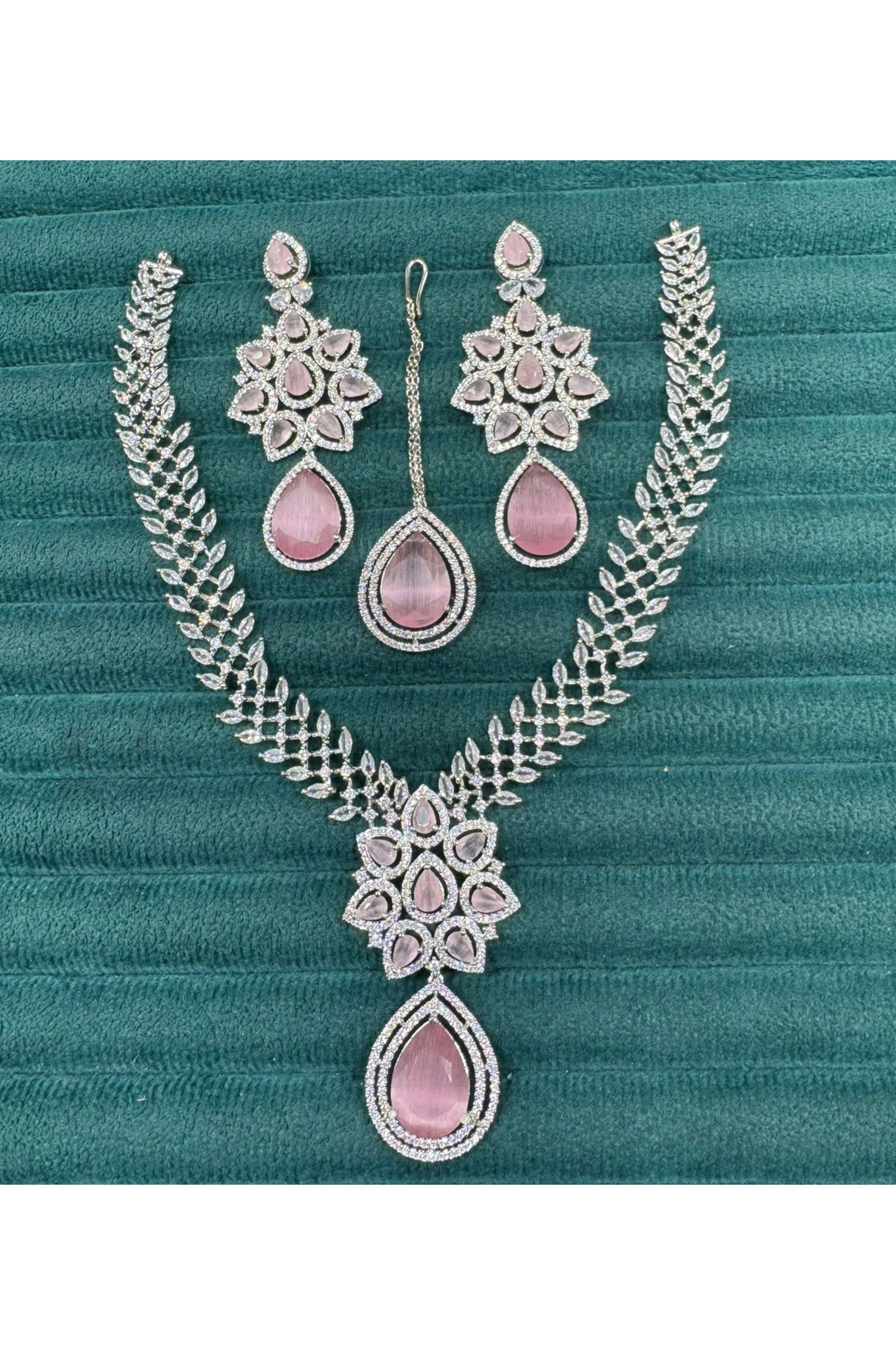 American Diamond Bridal Jewelry Set – Necklace, Earrings & Maang Tikka with Floral Motif