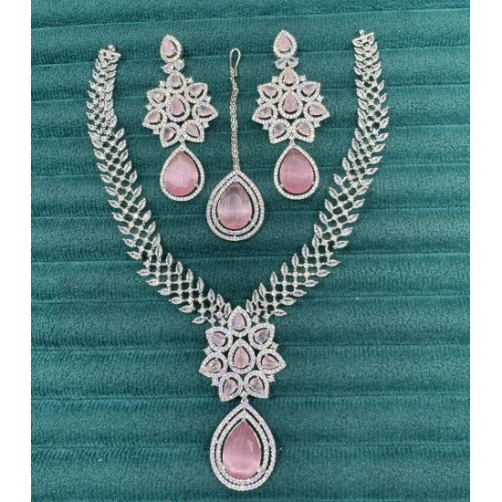 American Diamond Bridal Jewelry Set – Necklace, Earrings & Maang Tikka with Floral Motif