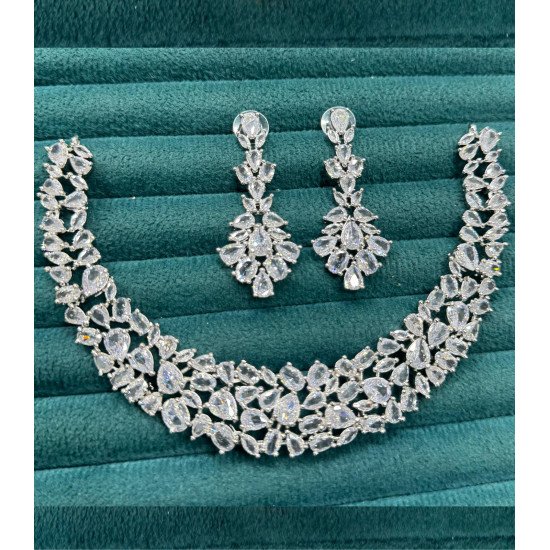 Bridal Necklace and Earrings Set for Women – CZ Diamond, Teardrop, Silver-Tone, Wedding Jewelry Set