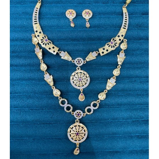 Traditional Indian Necklace Set – Gold Finish with Intricate Circular Motifs & Purple Crystals