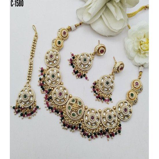 Antique Gold Matte Finish Crescent Necklace Set with Green Stones