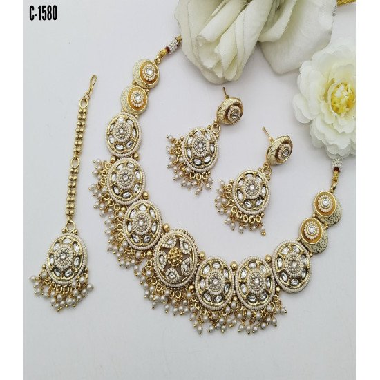 Antique Gold Matte Finish Crescent Necklace Set with Green Stones