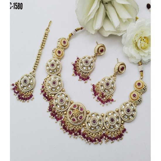 Antique Gold Matte Finish Crescent Necklace Set with Green Stones