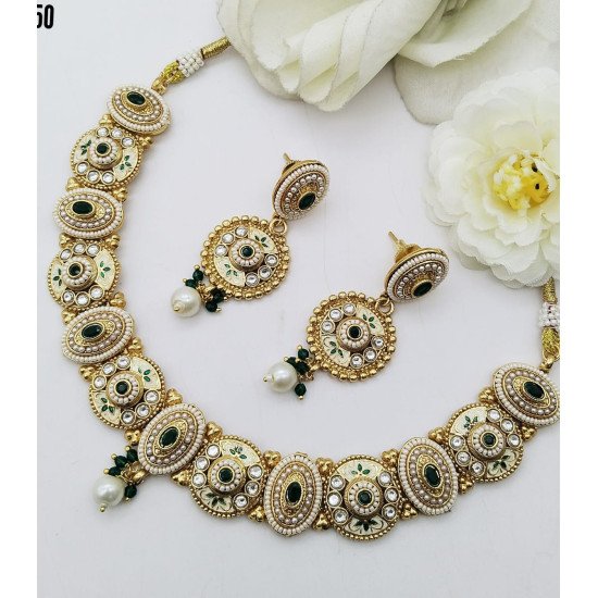 Engraved Crescent Bridal Necklace Set with Green & White Stone Drops