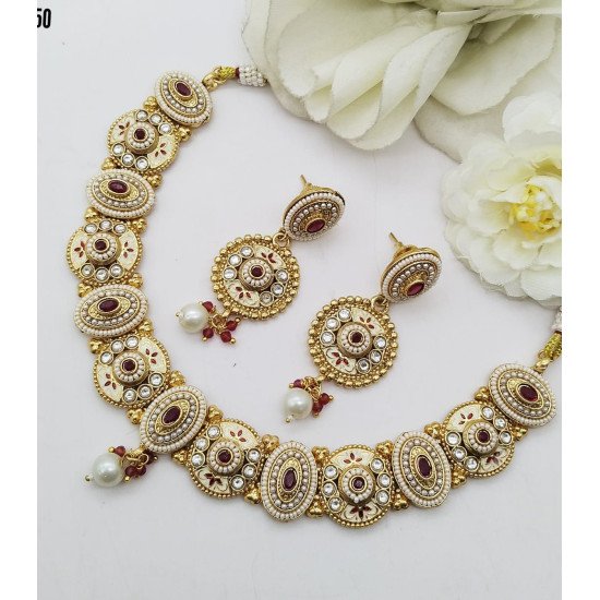Engraved Crescent Bridal Necklace Set with Green & White Stone Drops