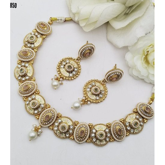 Engraved Crescent Bridal Necklace Set with Green & White Stone Drops