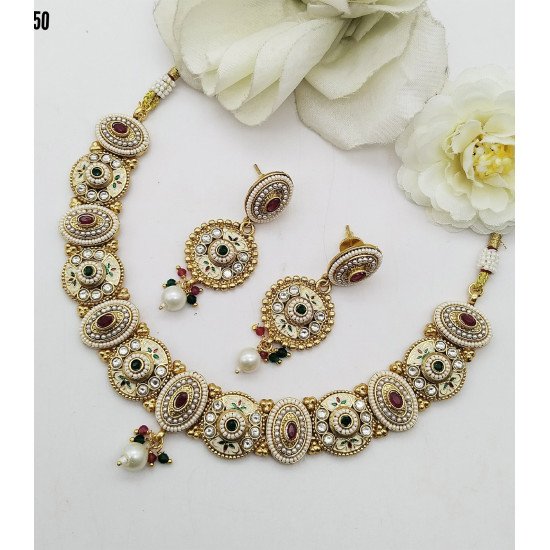 Engraved Crescent Bridal Necklace Set with Green & White Stone Drops