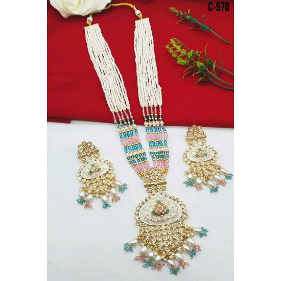 Multistrand Pearl Beaded Meenakari Bridal Necklace Set with Earrings