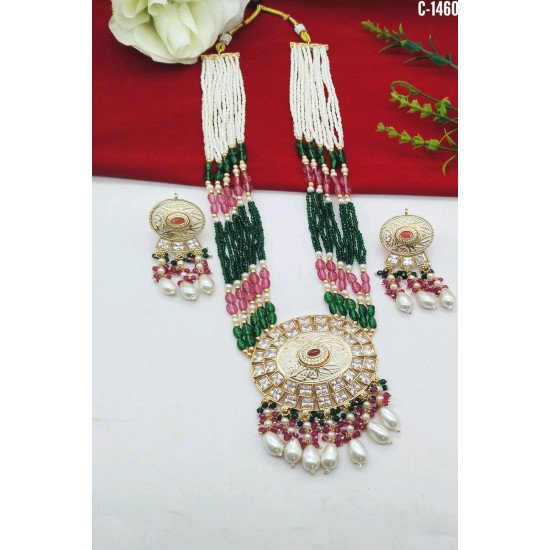 Beaded Kundan Chand Pendant Bridal Necklace Set with Earrings