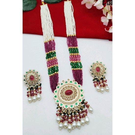 Turquoise Blue Beaded Kundan Long Necklace Set with Earrings