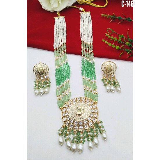 Beaded Kundan Chand Pendant Bridal Necklace Set with Earrings