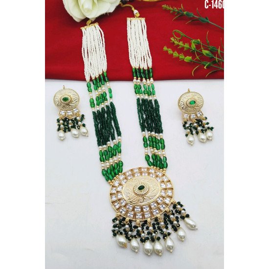 Beaded Kundan Chand Pendant Bridal Necklace Set with Earrings