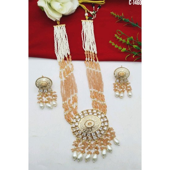 Beaded Kundan Chand Pendant Bridal Necklace Set with Earrings