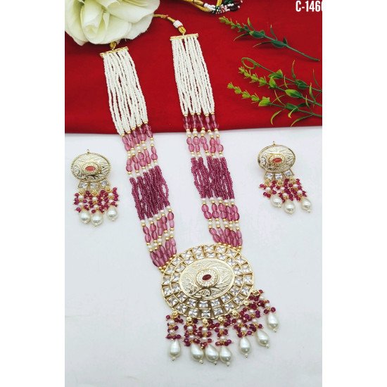 Beaded Kundan Chand Pendant Bridal Necklace Set with Earrings