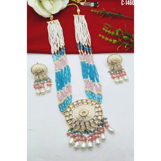Beaded Kundan Chand Pendant Bridal Necklace Set with Earrings