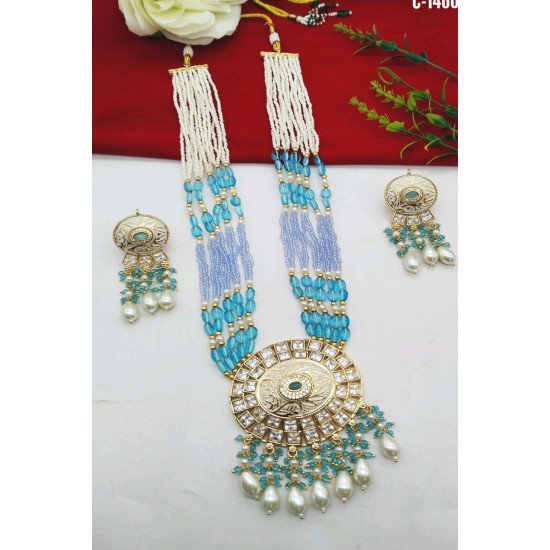 Beaded Kundan Chand Pendant Bridal Necklace Set with Earrings