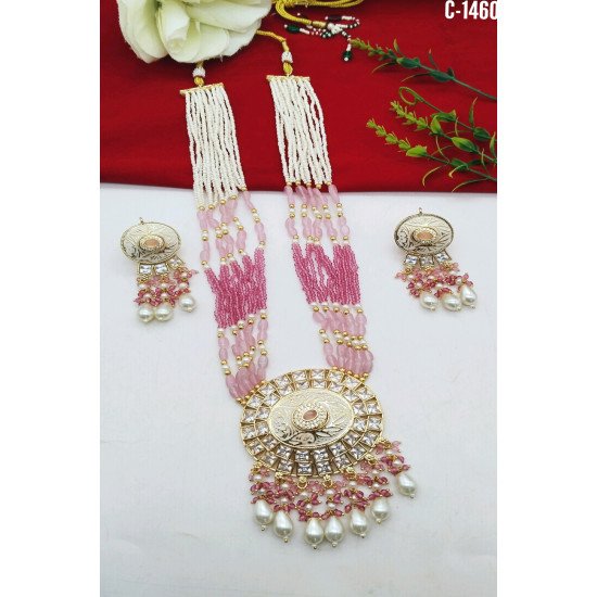 Beaded Kundan Chand Pendant Bridal Necklace Set with Earrings