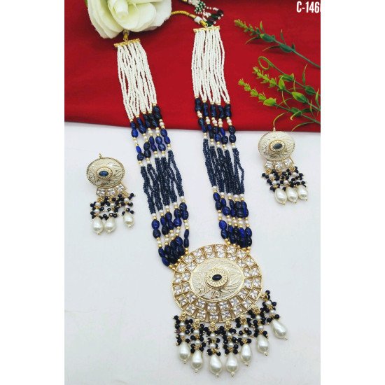 Beaded Kundan Chand Pendant Bridal Necklace Set with Earrings