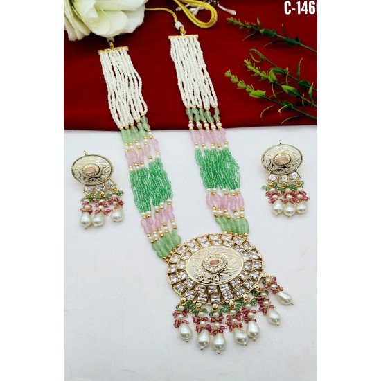 Beaded Kundan Chand Pendant Bridal Necklace Set with Earrings