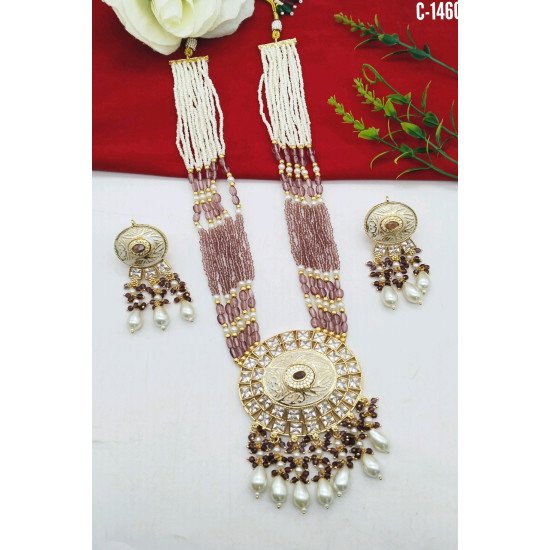Beaded Kundan Chand Pendant Bridal Necklace Set with Earrings