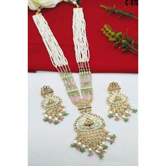 Multistrand Pearl Beaded Meenakari Bridal Necklace Set with Earrings