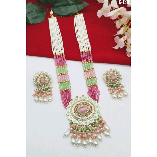 Pastel Colors Meenakari Multistrand Bridal Necklace Set with Pearl Drops 