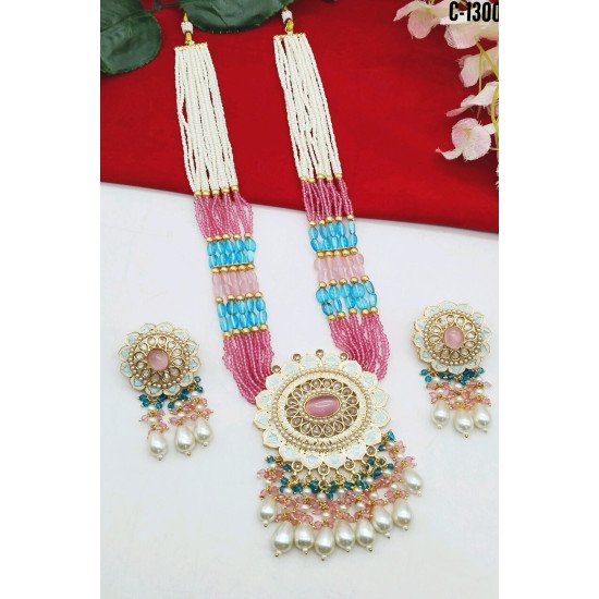 Pastel Colors Meenakari Multistrand Bridal Necklace Set with Pearl Drops 