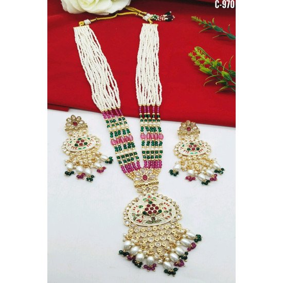 Multistrand Pearl Beaded Meenakari Bridal Necklace Set with Earrings