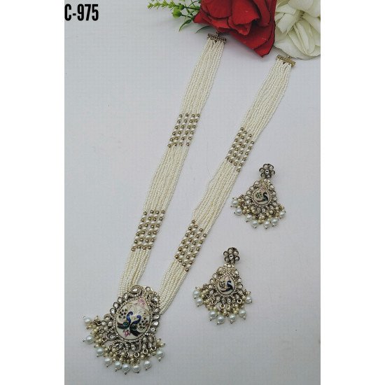 White Pearl Multistrand Meenakari Peacock Pendant Necklace Set