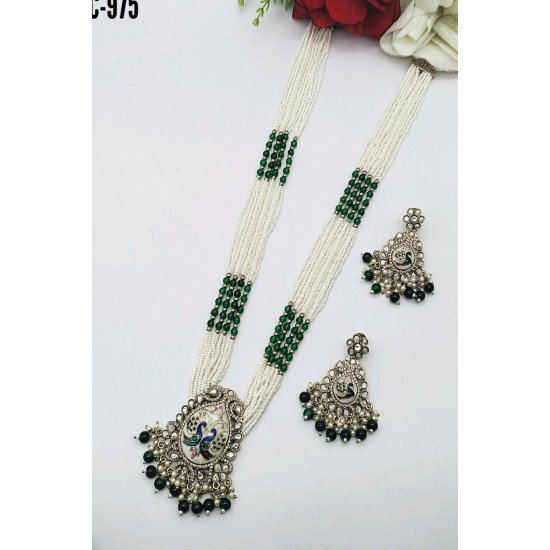 White Pearl Multistrand Meenakari Peacock Pendant Necklace Set