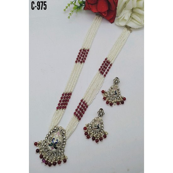 White Pearl Multistrand Meenakari Peacock Pendant Necklace Set