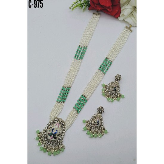 White Pearl Multistrand Meenakari Peacock Pendant Necklace Set