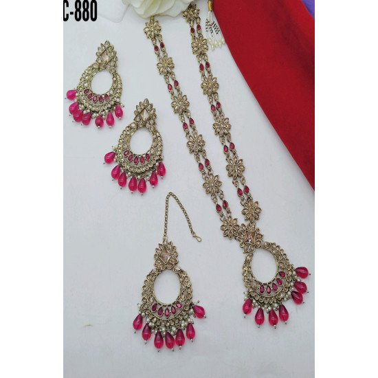Antique Gold Floral Kundan Bridal Necklace Set with Pearl Drops 