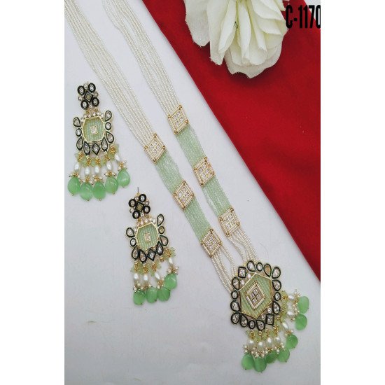 Green Mint Kundan Square Pendant Pearl Beaded Necklace Set
