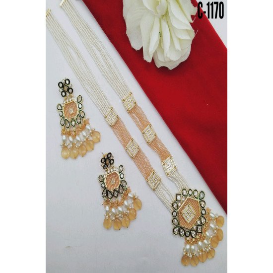 Green Mint Kundan Square Pendant Pearl Beaded Necklace Set