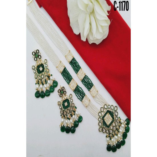 Green Mint Kundan Square Pendant Pearl Beaded Necklace Set