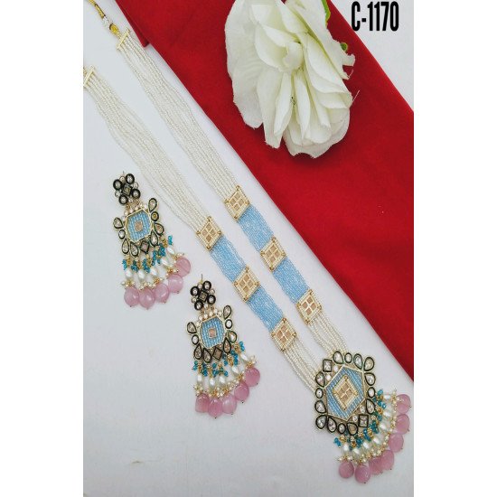 Green Mint Kundan Square Pendant Pearl Beaded Necklace Set